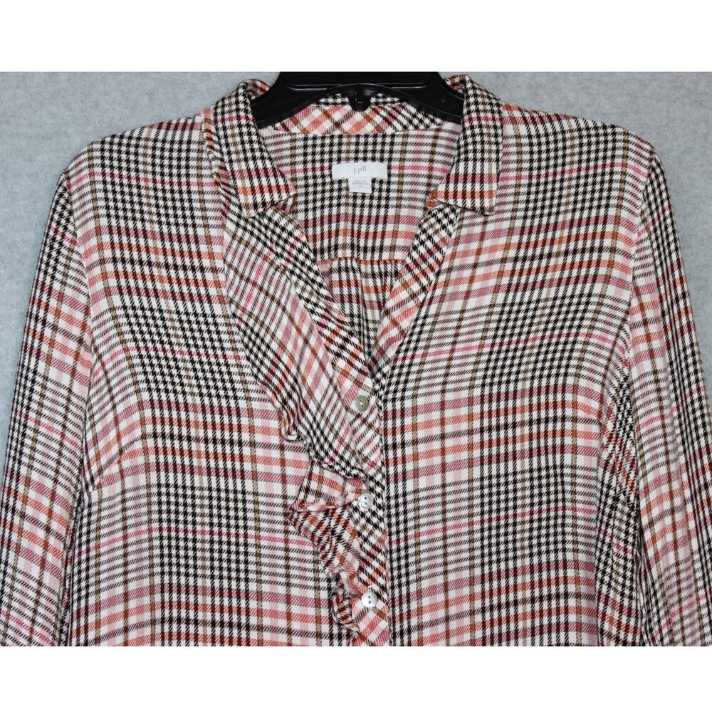 J. Jill Ruffled Plaid Button Front‎  Pink/Orange/Black Super Soft Size Medium - Picture 2 of 8